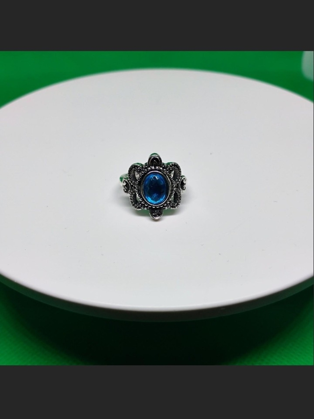 Silver Floral Filigree Ring with Blue Oval Gem - Women Jewelry Size 7